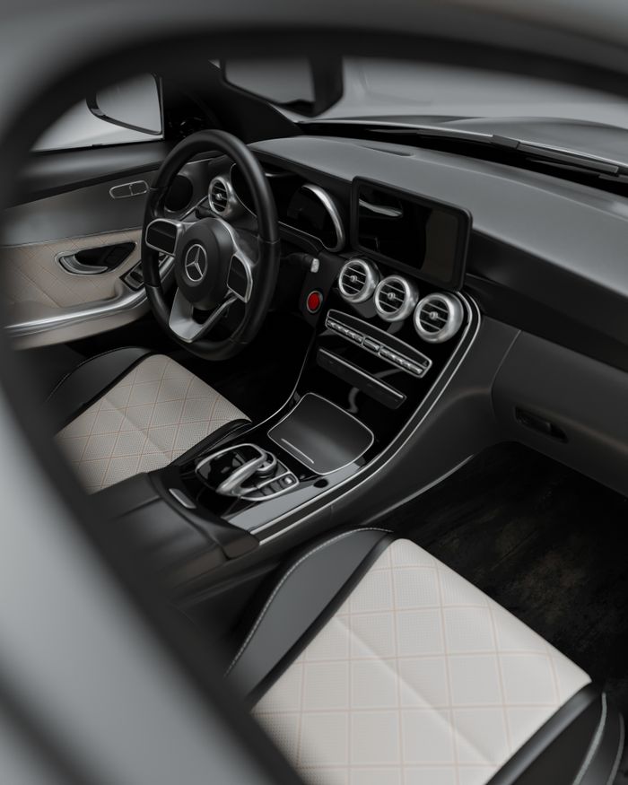 Upscale car interior showcasing sleek design and luxury elements in a close-up perspective.